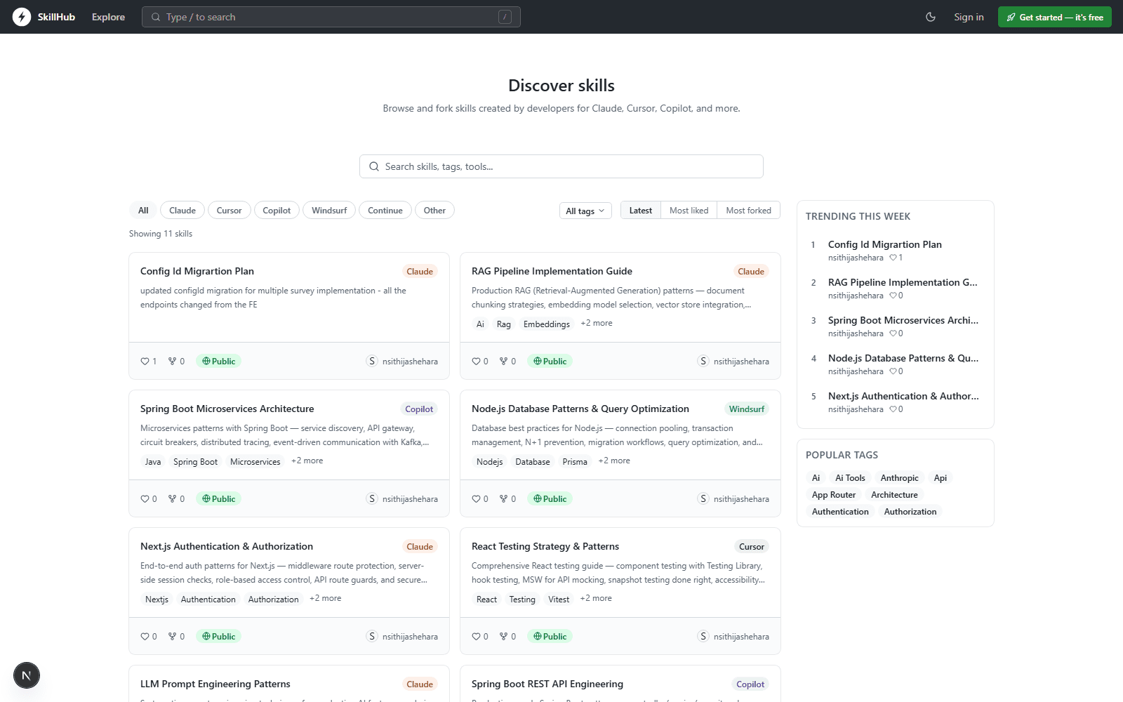 Screenshot of the SkillHub explore page showing a grid of community-created AI coding skills with tool and tag filters
